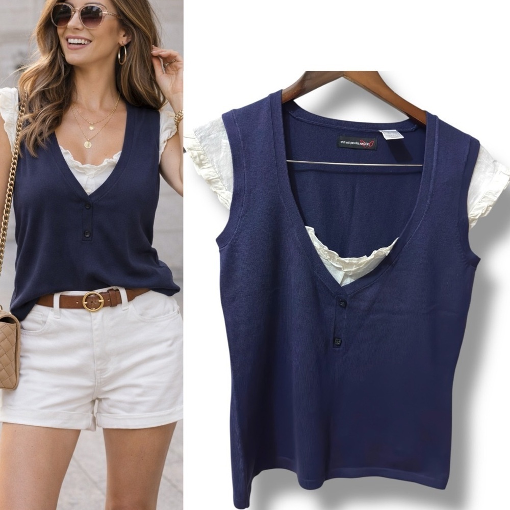 NWOT Navy V-Neck Sleeveless Knit Top with Ruffle Sleeve Insert (sz 6-8)